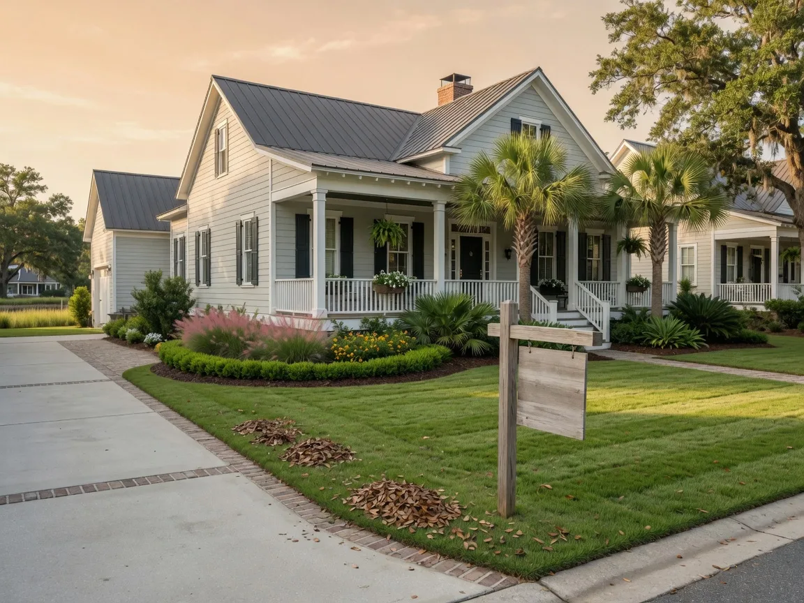 A well-kept coastal home with a trimmed yard and a for-sale sign stake in the front, lit by late-afternoon light