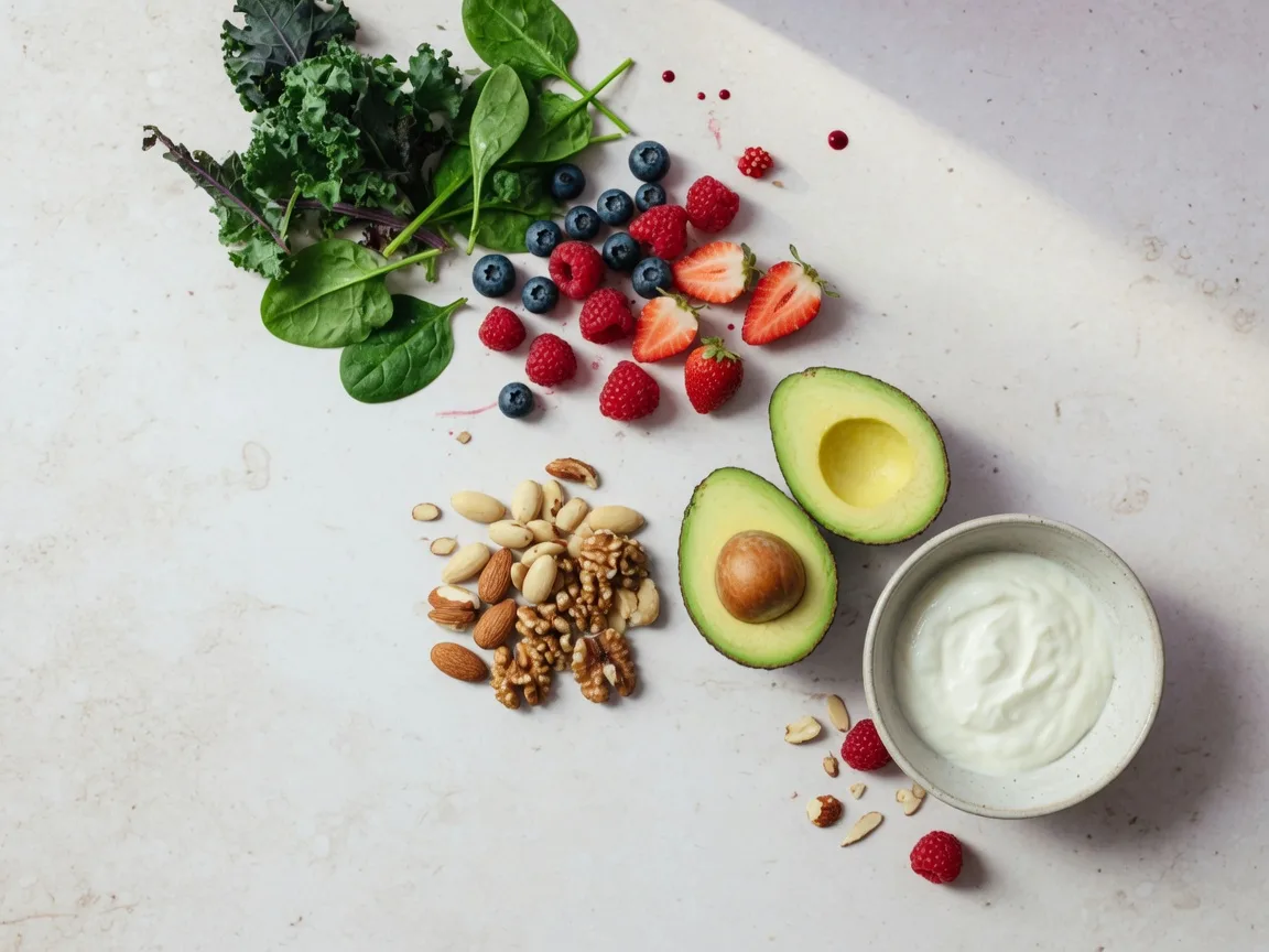 An elegant flat-lay of whole foods with leafy greens, berries, nuts, avocado, and a bowl of yogurt on a light surface