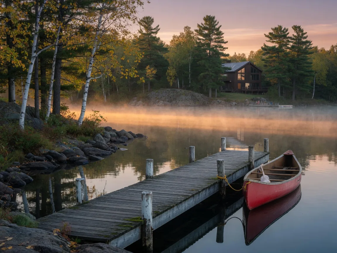 A wooden dock with a tied canoe on a calm northern Minnesota lake at sunrise, low golden mist over the water, birch and pine shoreline with a modern lake home among the trees