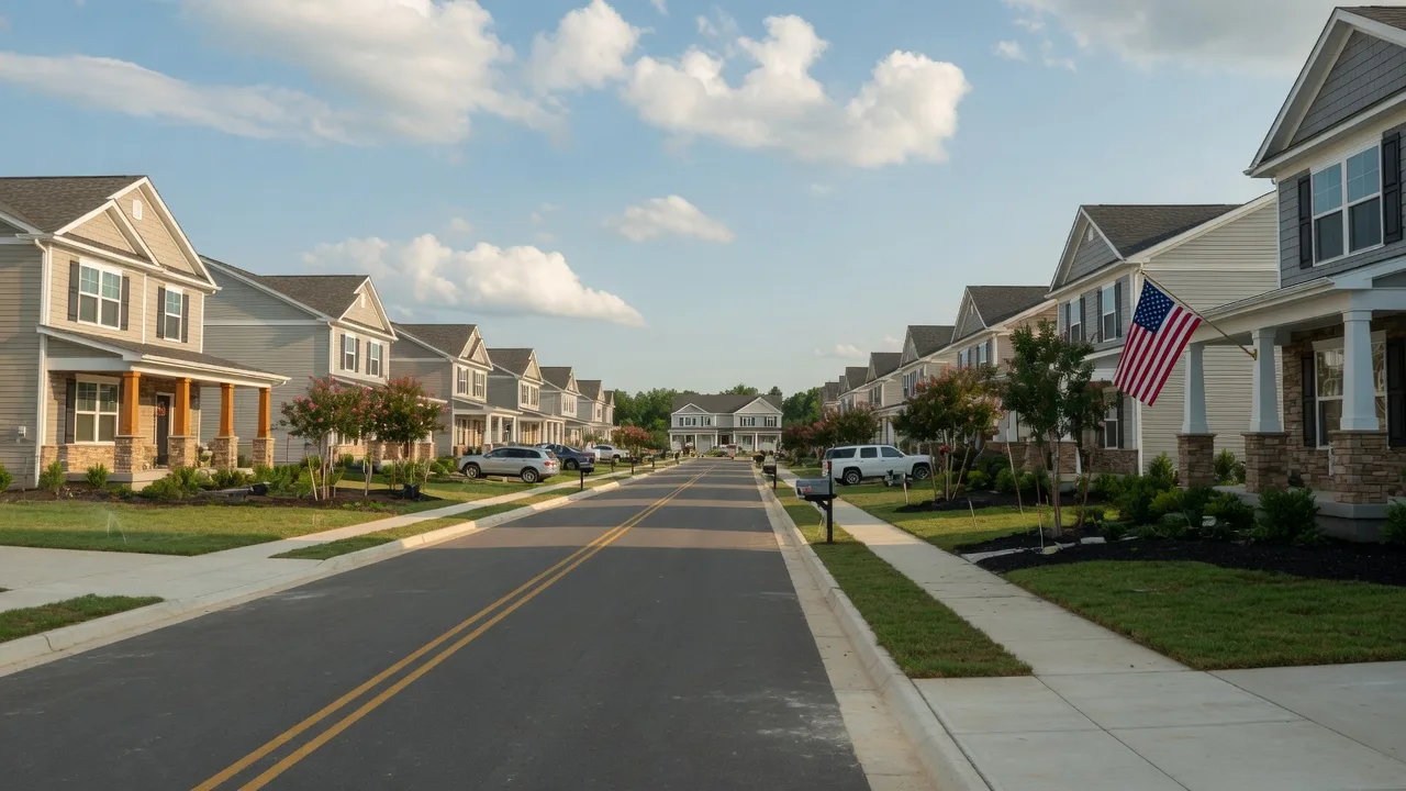 A Ryan Homes suburban community in Virginia with craftsman-style new construction homes, covered porches, and stone and siding exteriors on a sunny afternoon