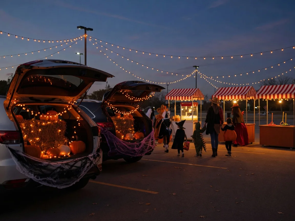 A trunk-or-treat gathering at dusk with decorated open car trunks, hay bales, pumpkins, and warm string lights in a community parking lot