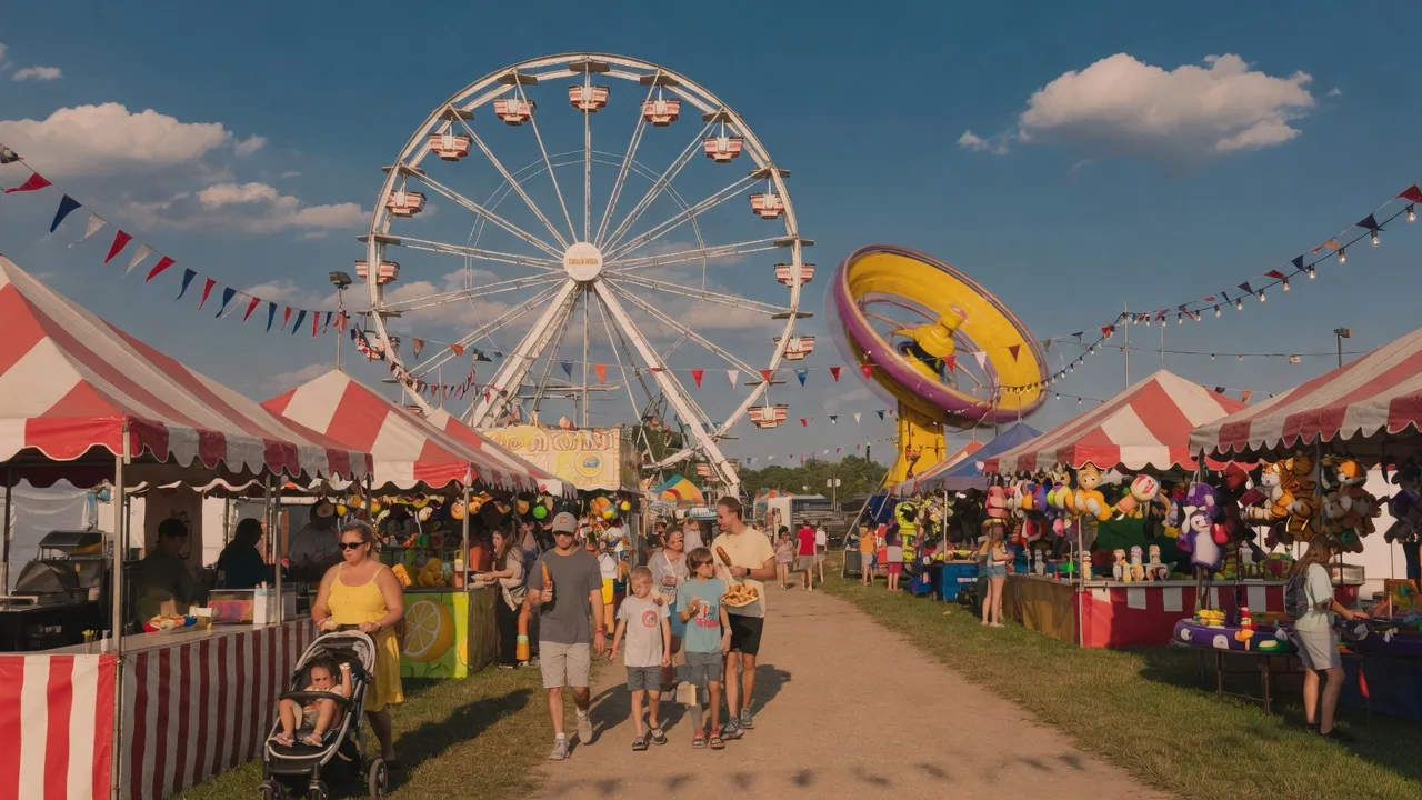 Summit County Fairgrounds in Tallmadge with a Ferris wheel, carnival rides, and food vendor tents under a bright summer sky