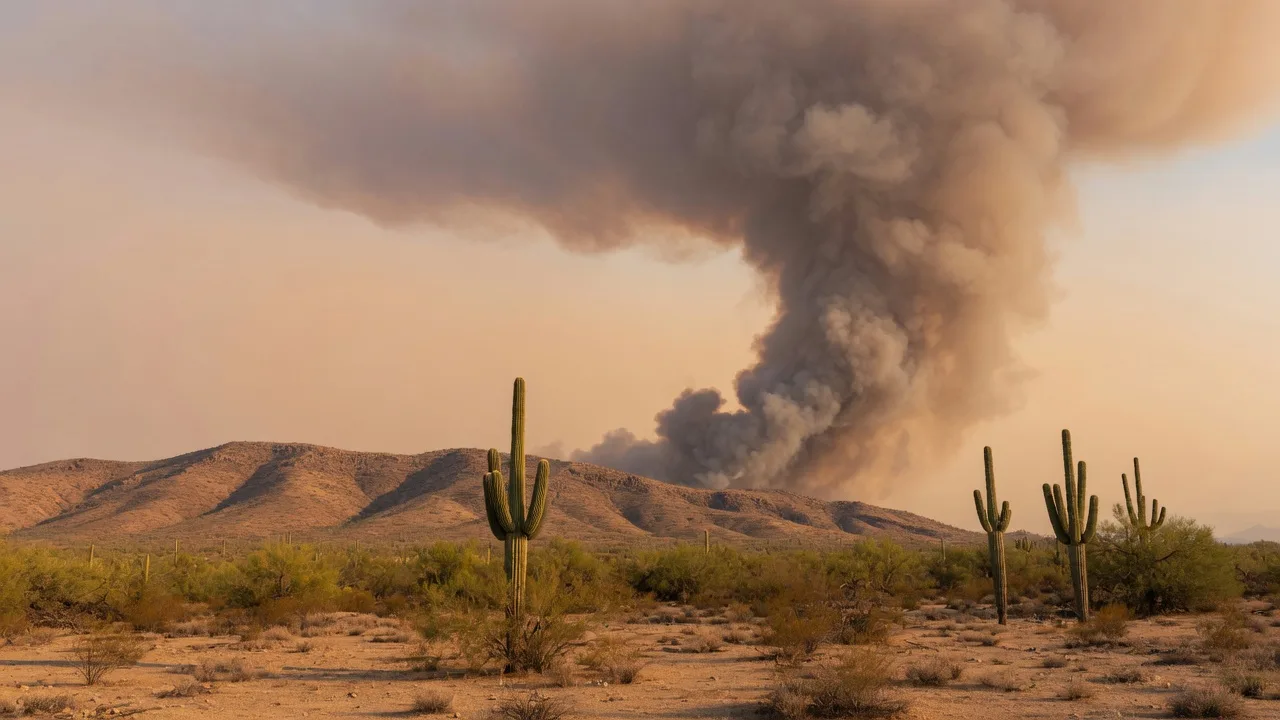 A column of wildfire smoke rising over an Arizona desert landscape