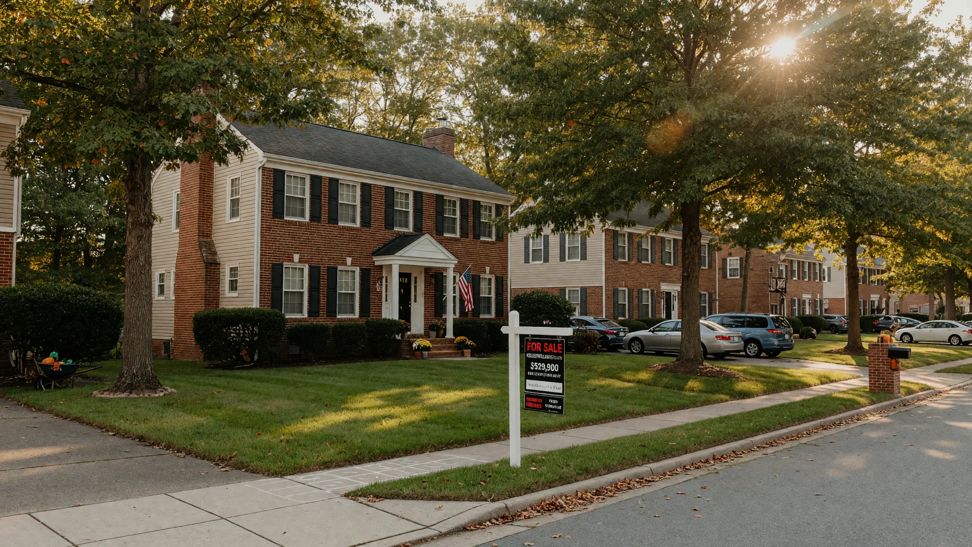 A brick-front Maryland colonial home on a quiet tree-lined street with a For Sale sign, representing the type of probate property a Personal Representative may need to sell