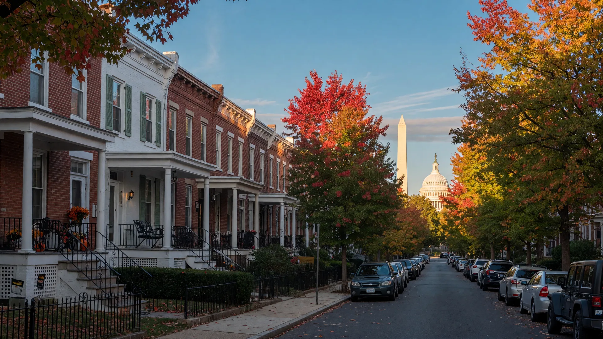 Tree-lined residential street in Washington DC on a crisp October morning, red and gold autumn foliage over classic brick rowhouses, warm low light raking across the facades, with the Washington Monument and US Capitol dome faintly visible on the horizon