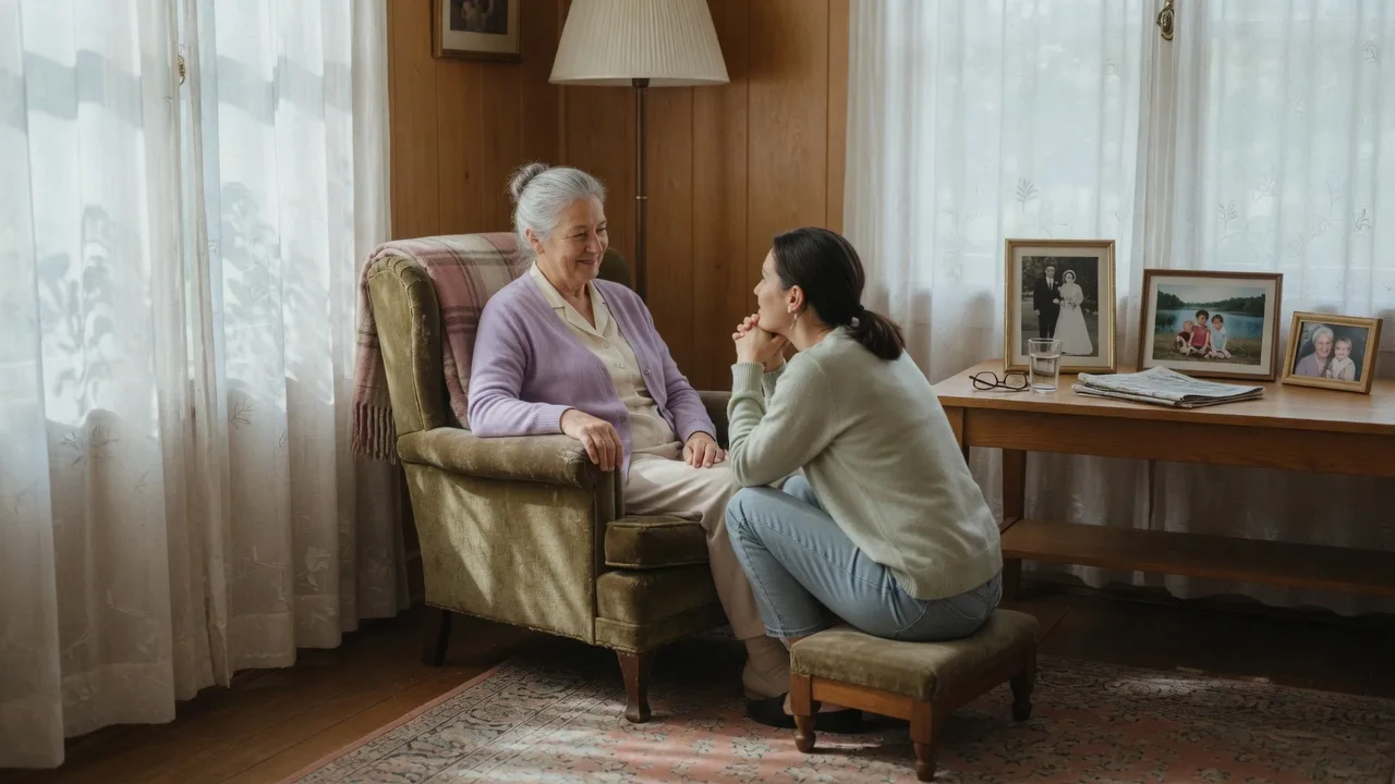 A quiet, caring moment between an older adult and a family member in a warm home in Greater Victoria