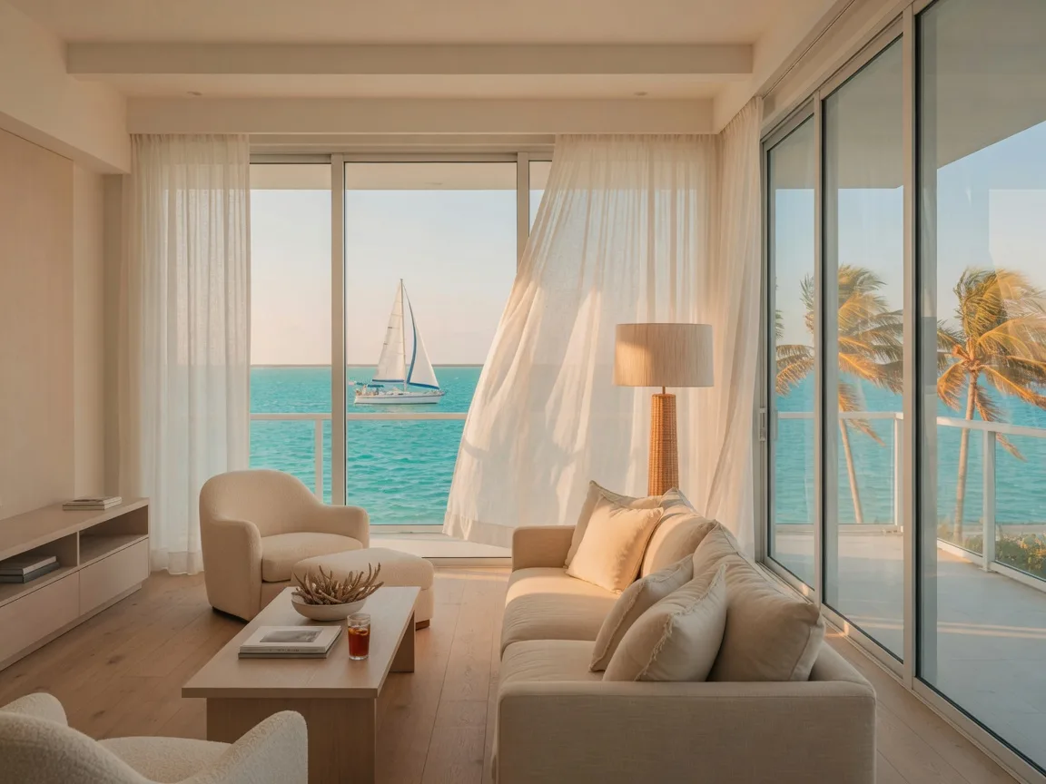 A bright luxury condo living room in the Florida Keys with floor-to-ceiling impact glass opening onto a balcony over turquoise water, cream furnishings and light wood floors in warm afternoon light