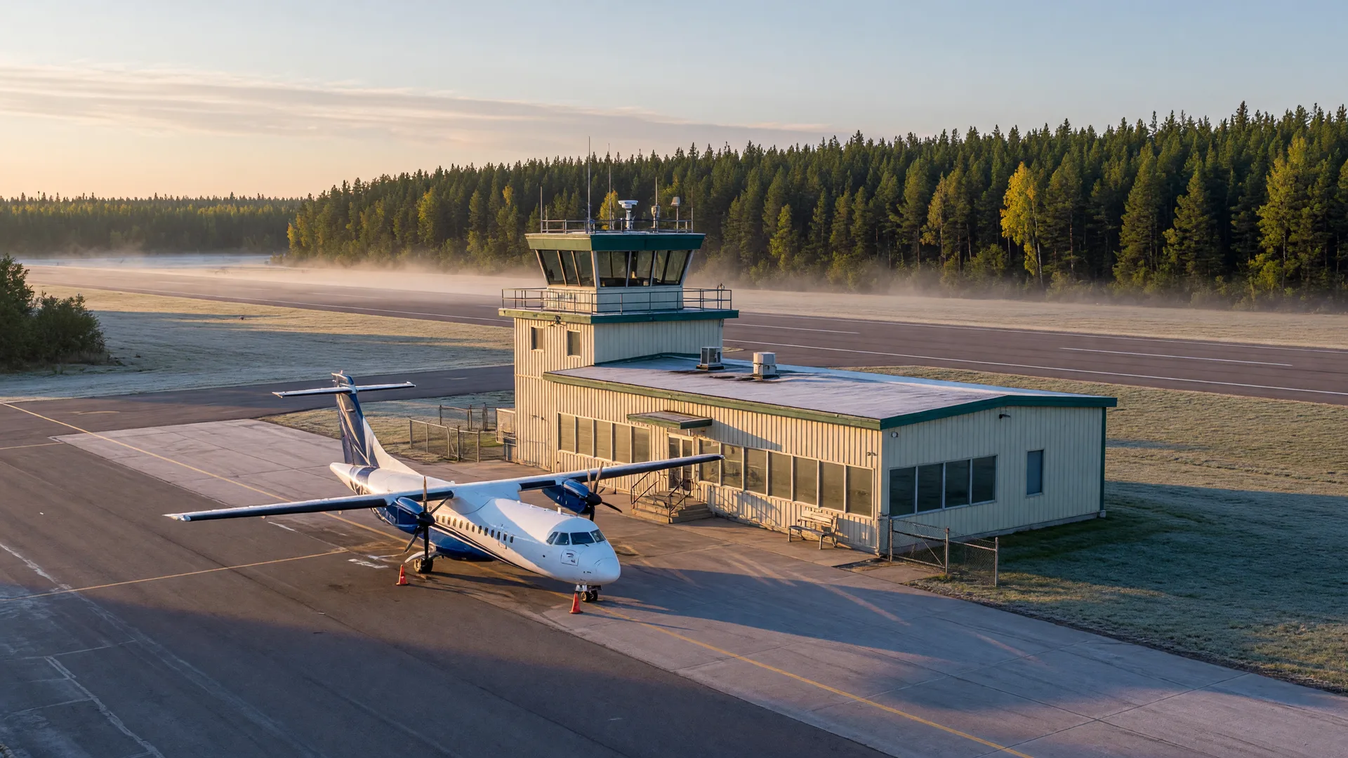 Small regional airport terminal with a commuter plane on the tarmac at morning in northern Minnesota