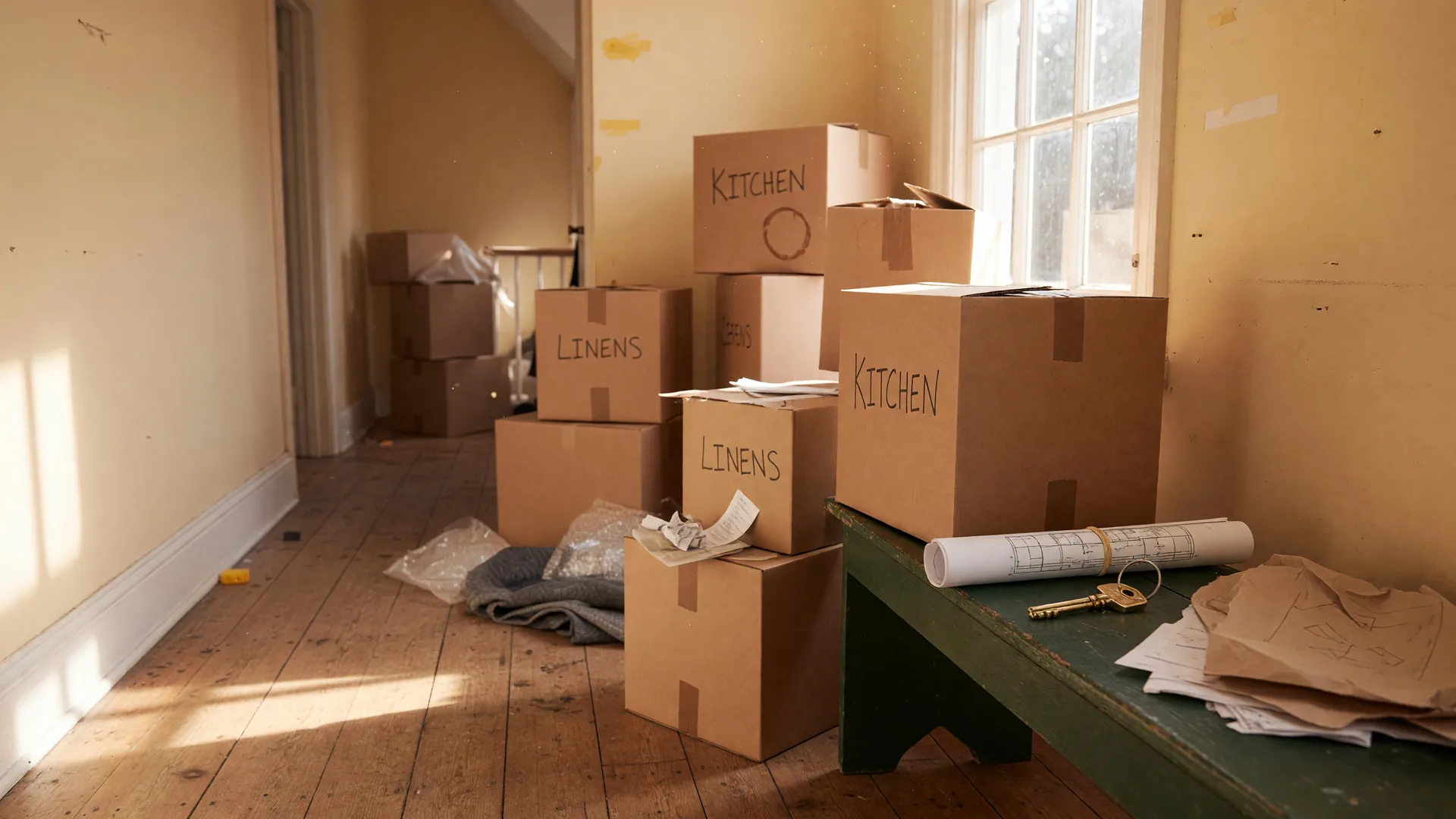 Cardboard moving boxes and a brass house key in a sunlit home mid-move, with packing paper and a rolled floor plan nearby