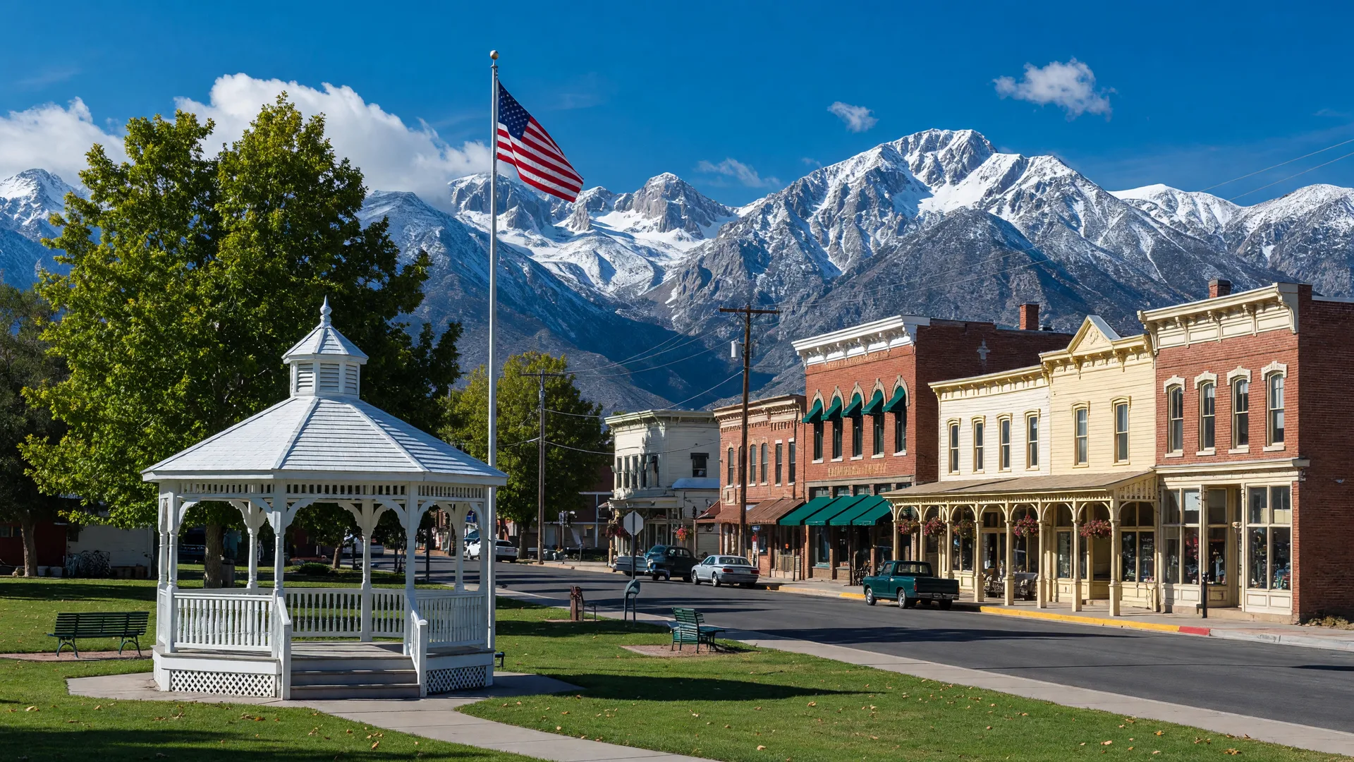 Minden Nevada park with gazebo and Sierra Nevada mountains
