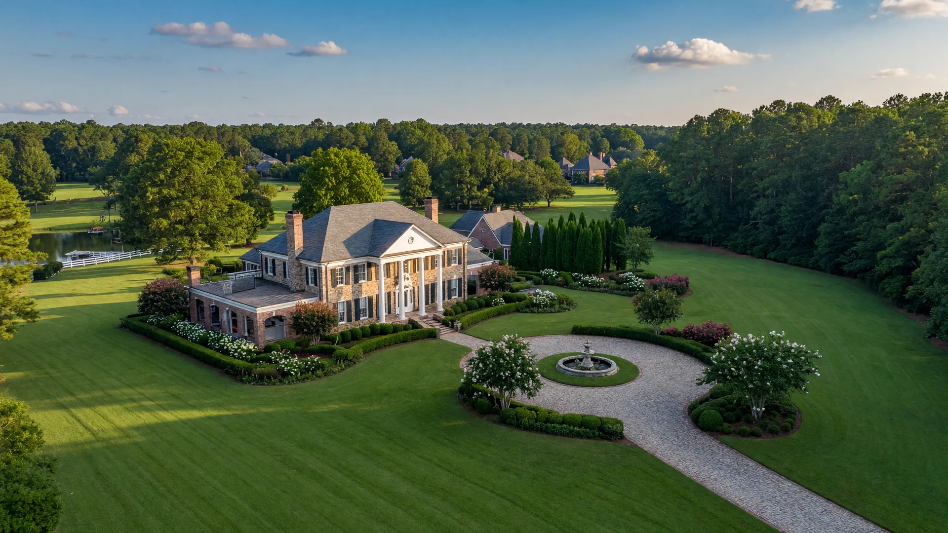 Aerial view of a stately stone and brick estate on a large manicured homesite with mature trees and rolling lawns in Georgia