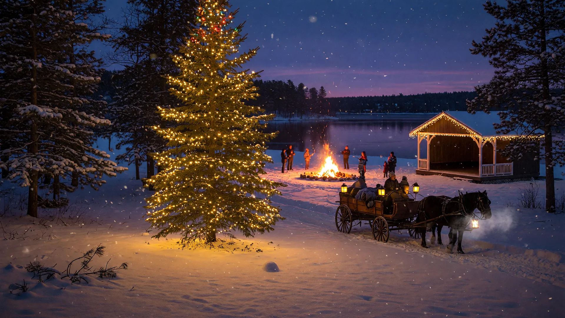 Lighted town tree and holiday celebration at a lakeside park in Pequot Lakes, Minnesota
