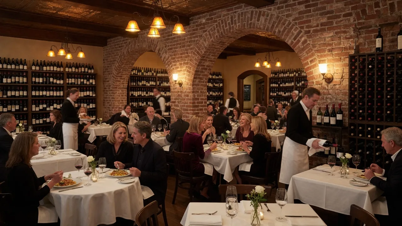 Palladio upscale Italian restaurant dining room with white tablecloths and warm lighting