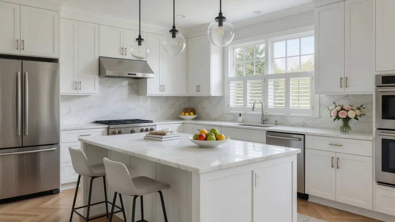 A professionally staged kitchen with white cabinets, marble counters, a vase of fresh flowers, and pendant lights over the island bathed in natural daylight
