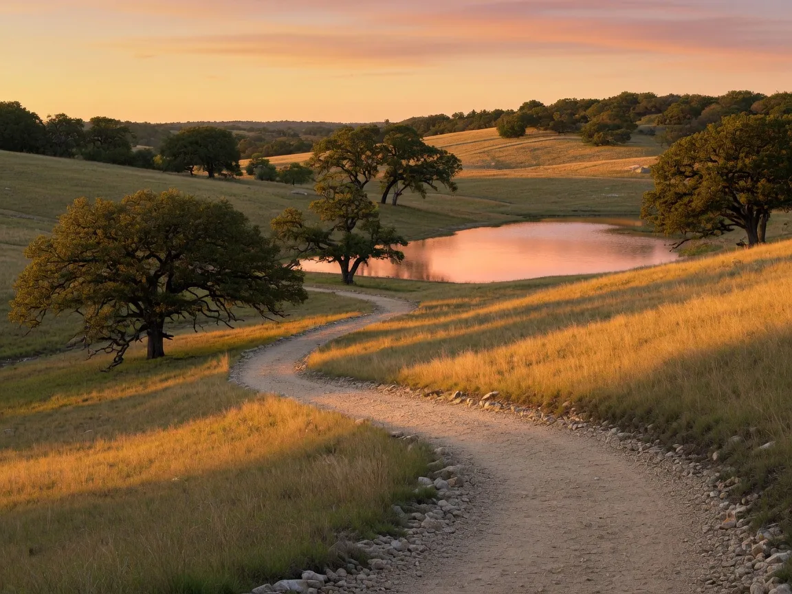 A decomposed granite walking trail curving through Texas Hill Country grassland at golden hour with a pond in the distance