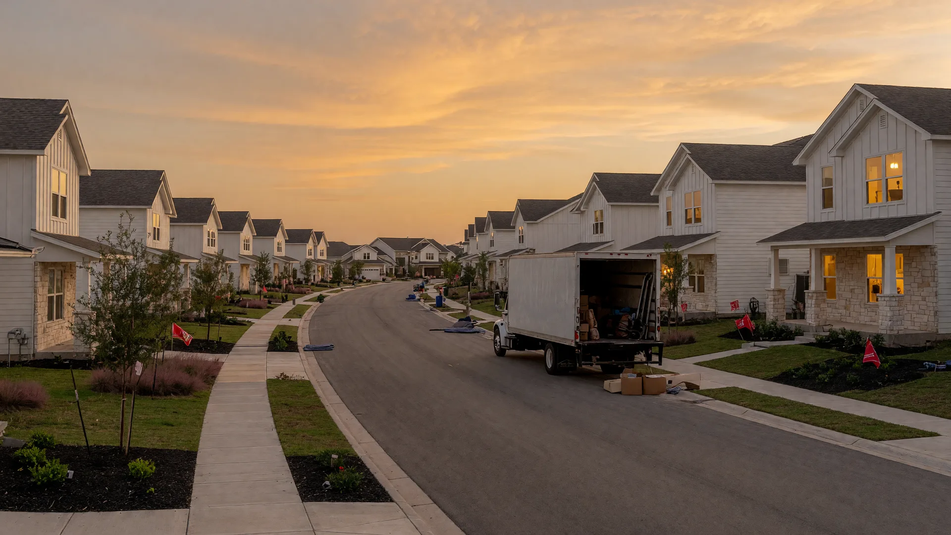 New construction homes with white board-and-batten siding and stone accents in a North Texas master-planned community at golden hour, with a moving truck in a driveway