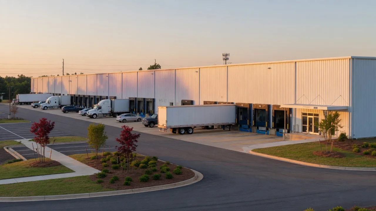A modern white-clad manufacturing and distribution facility with truck docks near Buford, Georgia in warm golden-hour light