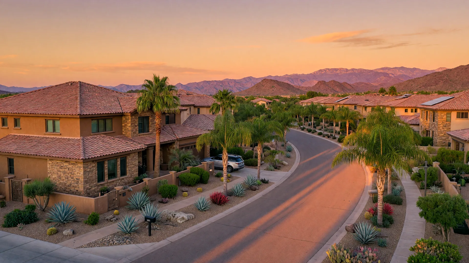 Modern luxury home in a master-planned community in Chandler Arizona at golden hour