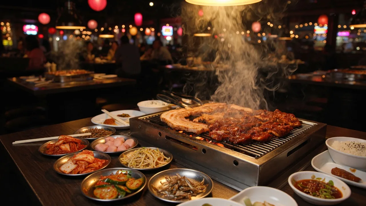 A Korean barbecue spread at Master Kim's in Southwest Las Vegas, thick slices of pork belly and marinated short ribs sizzling on a tabletop grill with banchan side dishes and dipping sauces