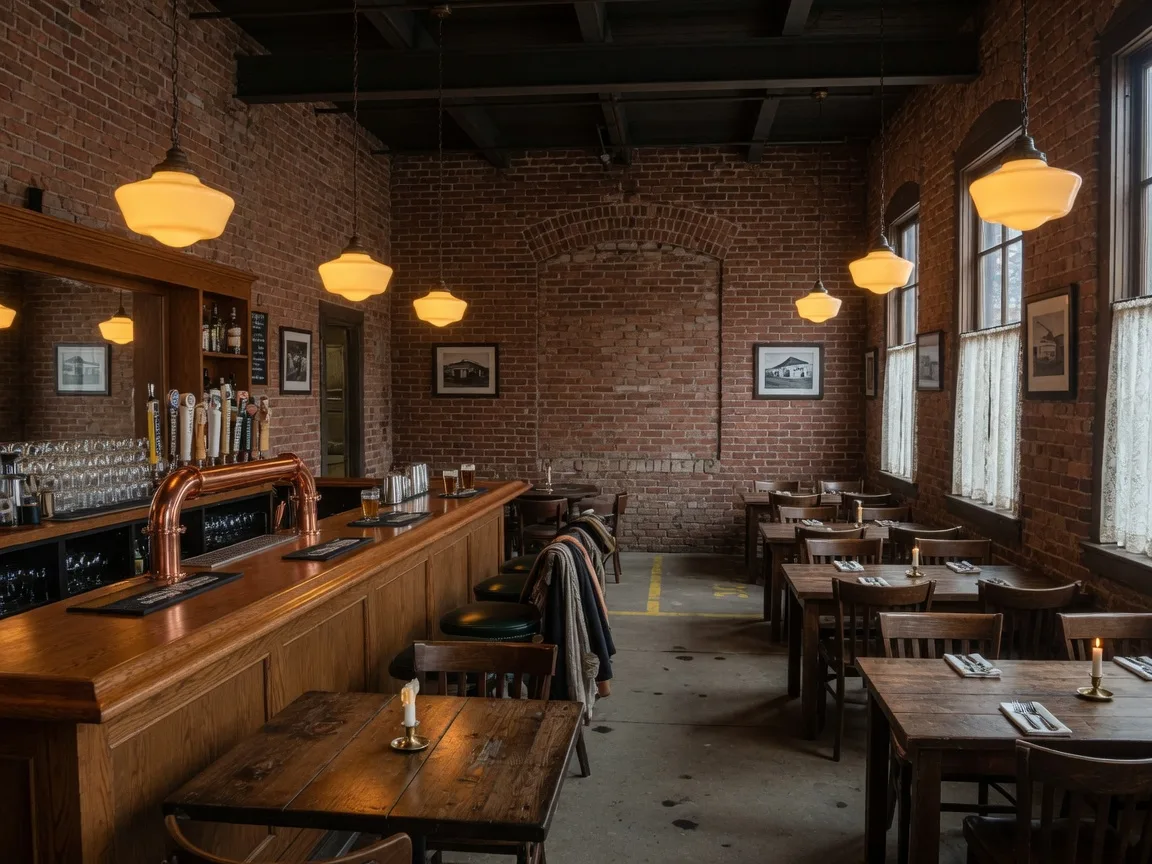 A cozy British gastropub interior in a converted historic garage in Enon Ohio with a warm wood bar, exposed brick walls, copper taps, and amber pendant lighting
