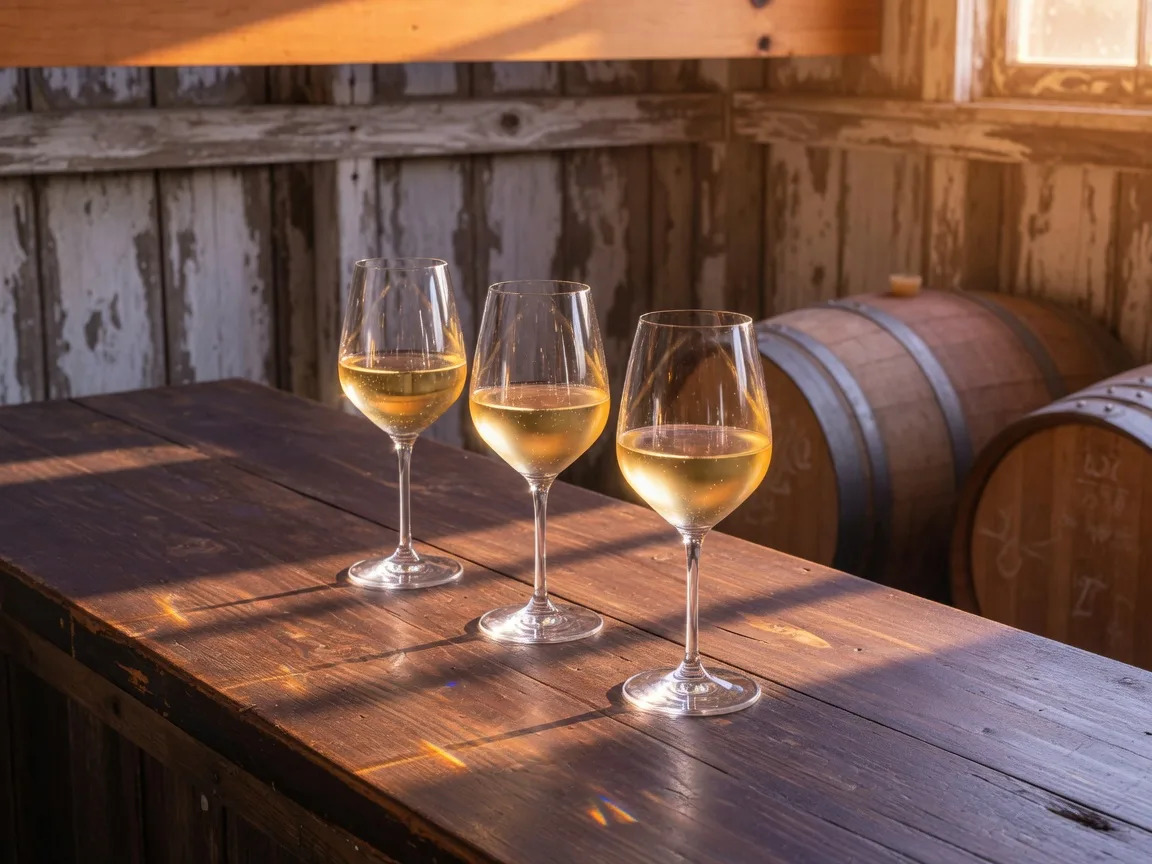 Three glasses of white wine on a wooden tasting room bar, warm golden hour light streaming through a window, wine barrels in soft focus in the background