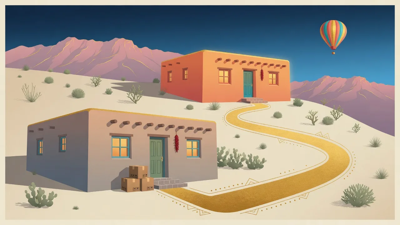The ebook cover: two southwestern adobe homes on a desert hillside, a winding path between them, the Sandia Mountains and a hot air balloon in the distance