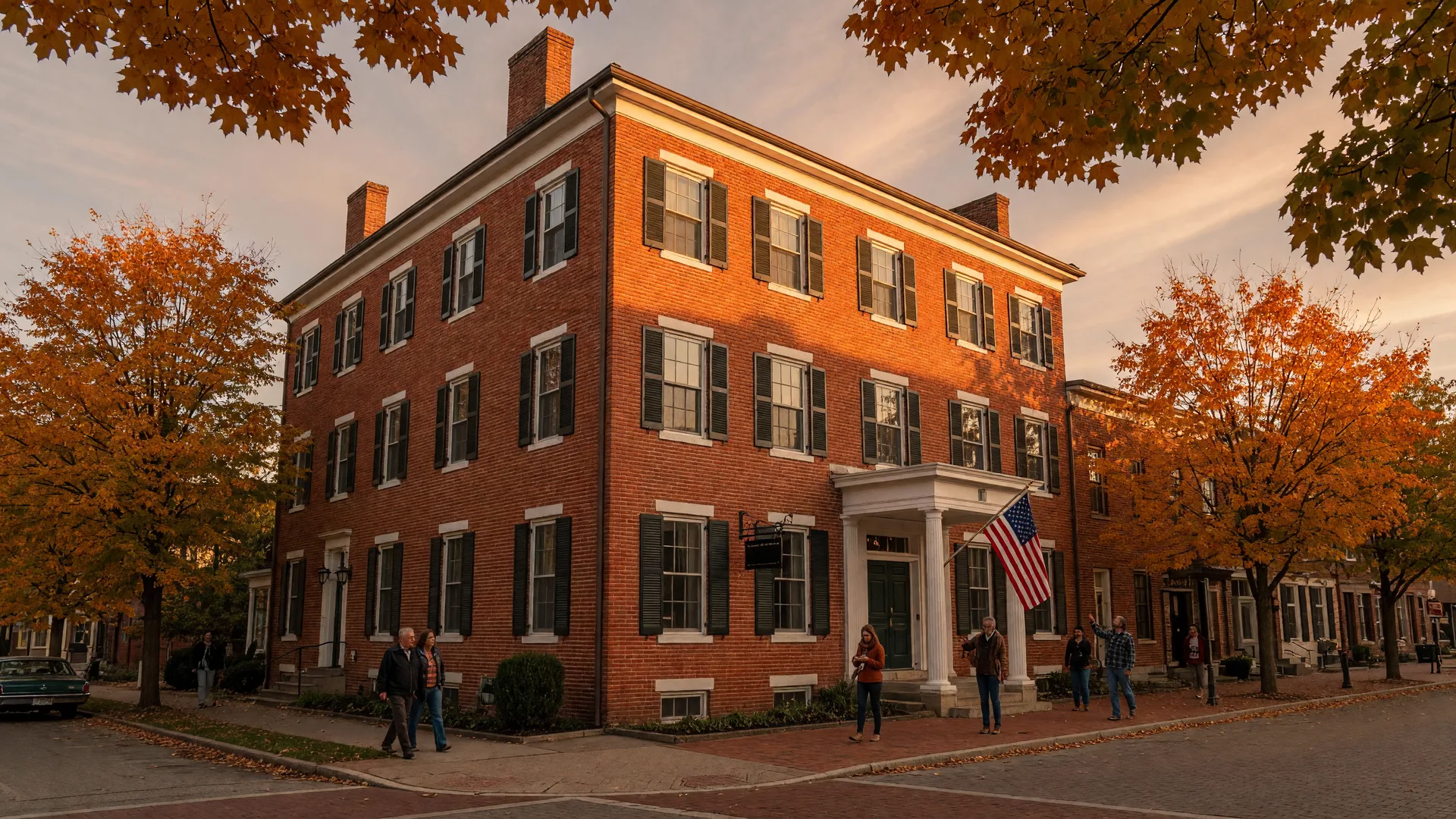 The Golden Lamb, Ohio's oldest continuously operating inn, a stately four-story early-1800s brick hotel on Broadway in Lebanon Ohio, with a white-columned portico, black shutters and an American flag by the entrance in warm golden-hour light with early-autumn maples