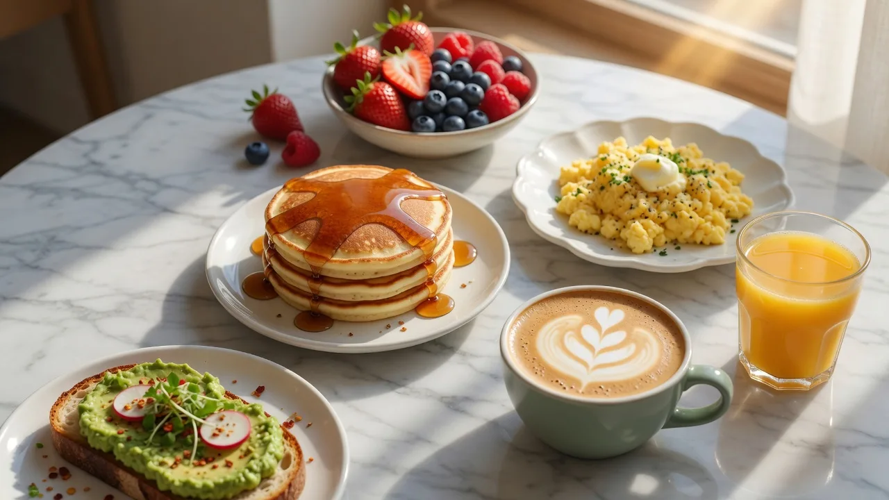 Breakfast spread with pancakes, eggs, avocado toast, and latte