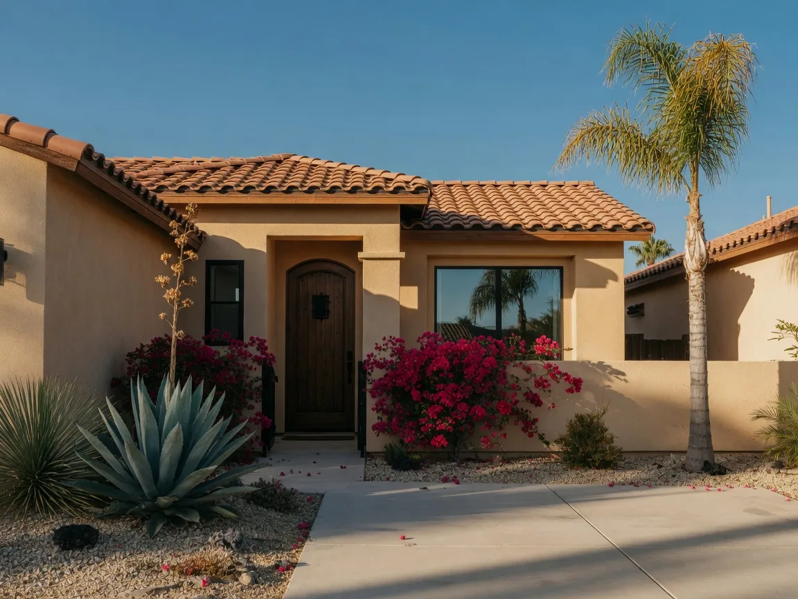 A contemporary single-family California home with a terracotta roof and desert landscaping