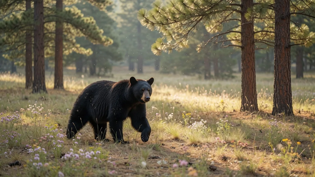 A North American black bear in a ponderosa pine clearing at Bearizona Wildlife Park in Williams Arizona