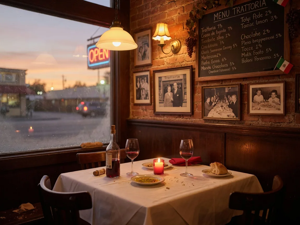 Warm candlelit interior of Roman Cucina in Downtown Fullerton, a family-run Italian trattoria with a white-tablecloth table set with red wine and a carafe of Chianti
