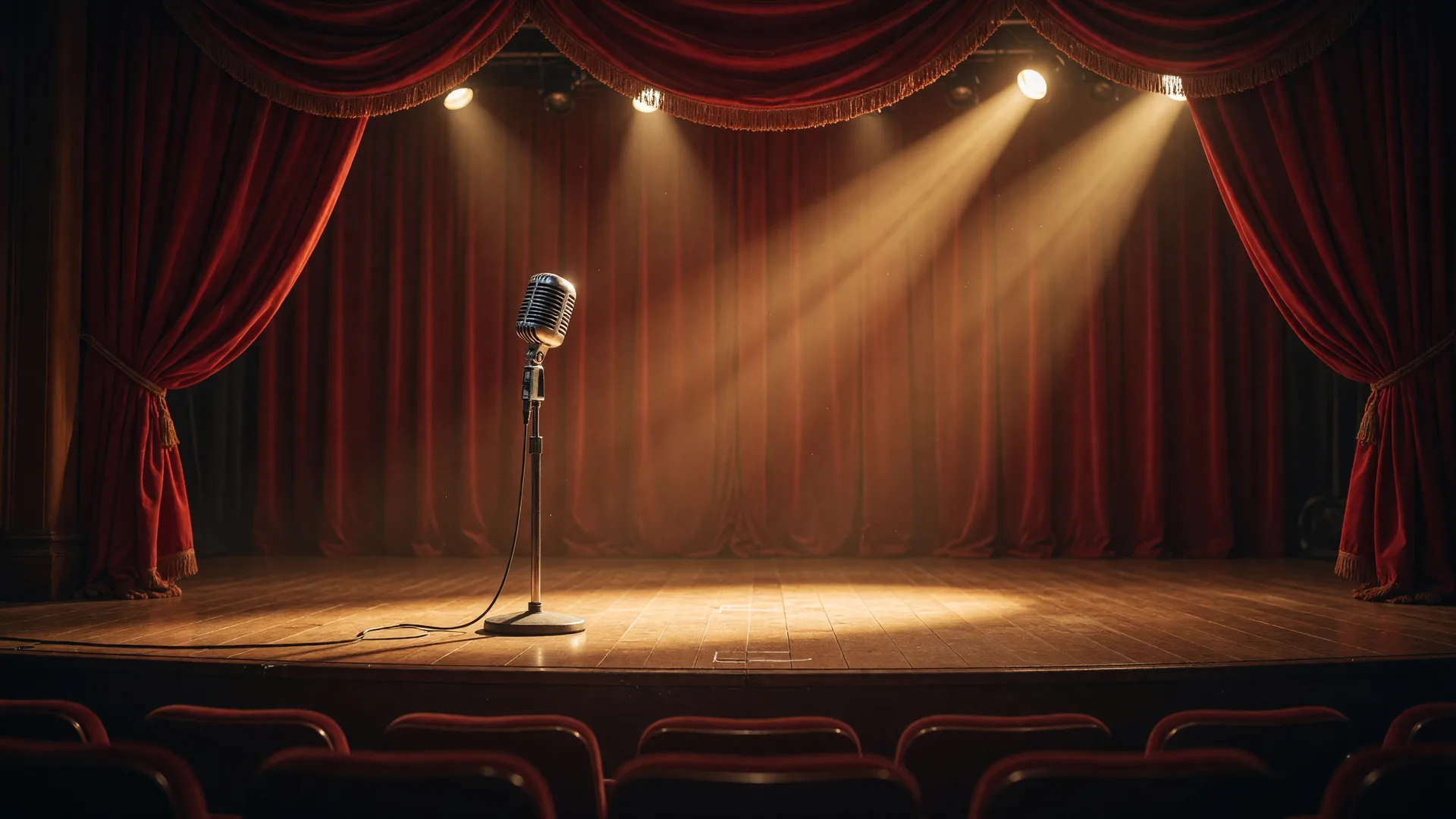 A grand performing arts center stage before a country concert, deep red velvet curtain, warm golden stage light on a polished wooden floor, and a vintage microphone center stage