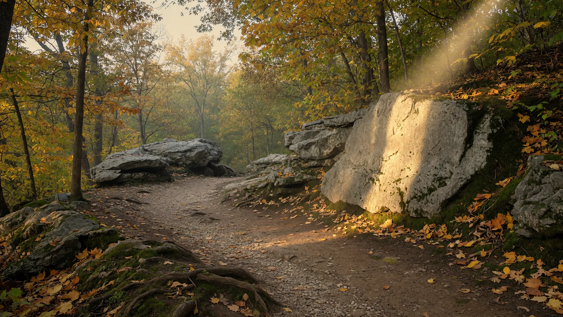 A sunlit section of the Bruce Trail winding through forest near the Niagara Escarpment in autumn