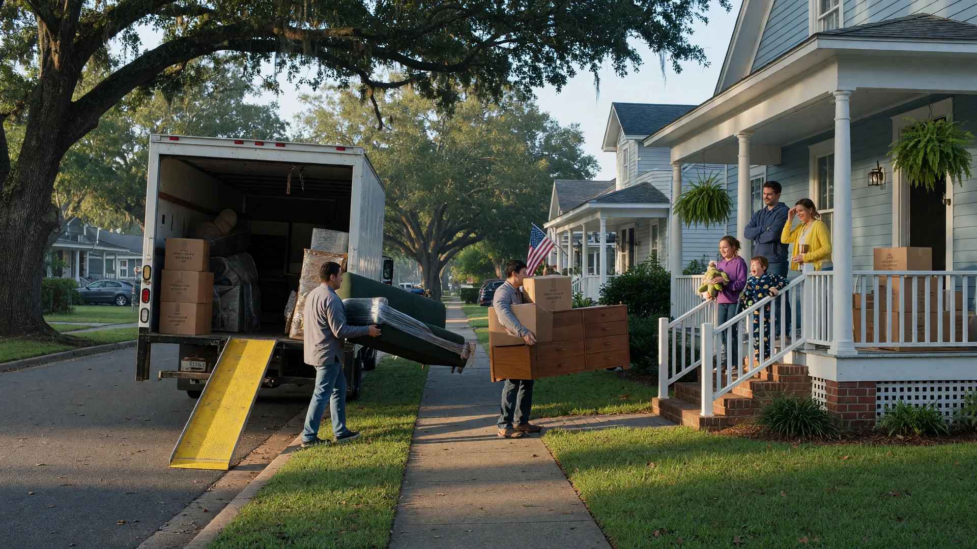 A residential moving truck on a tree-lined coastal Virginia street as movers carry boxes into a single-family home