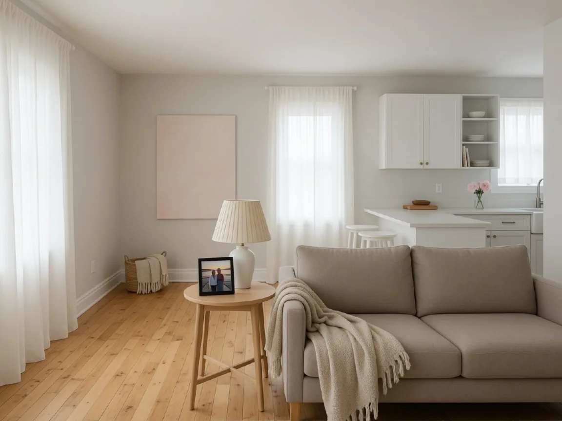 A bright, minimal main-floor living room in a newly downsized Port Perry bungalow, with a neutral sofa, a small side table with a lamp and one framed photo, and an open plan flowing into a compact white kitchen in soft morning light