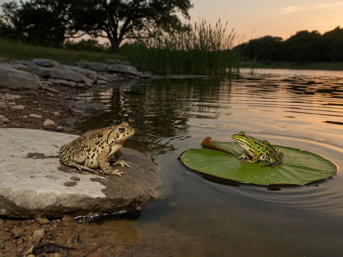 A Gulf Coast toad on a limestone rock and a leopard frog at the edge of a Hill Country stock tank at dusk.