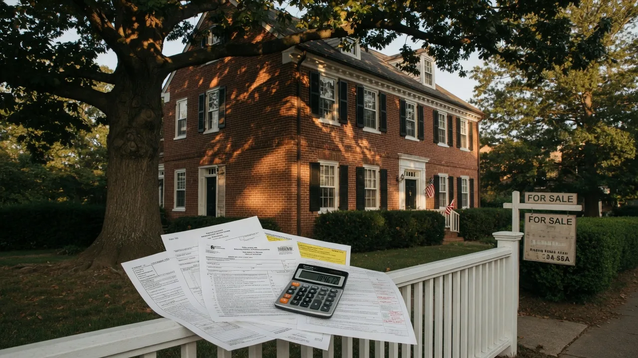 Historic Maryland brick colonial home with tax documents on the porch railing and a For Sale sign near the curb at golden hour