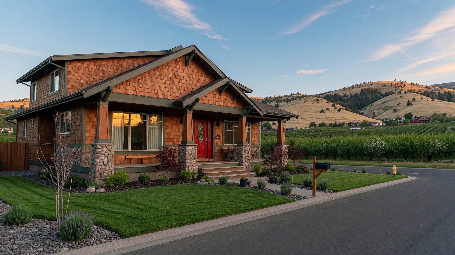 A new craftsman-style home with cedar siding, stone accents, and a covered porch in a sunny Southern Oregon valley town, golden hills beyond