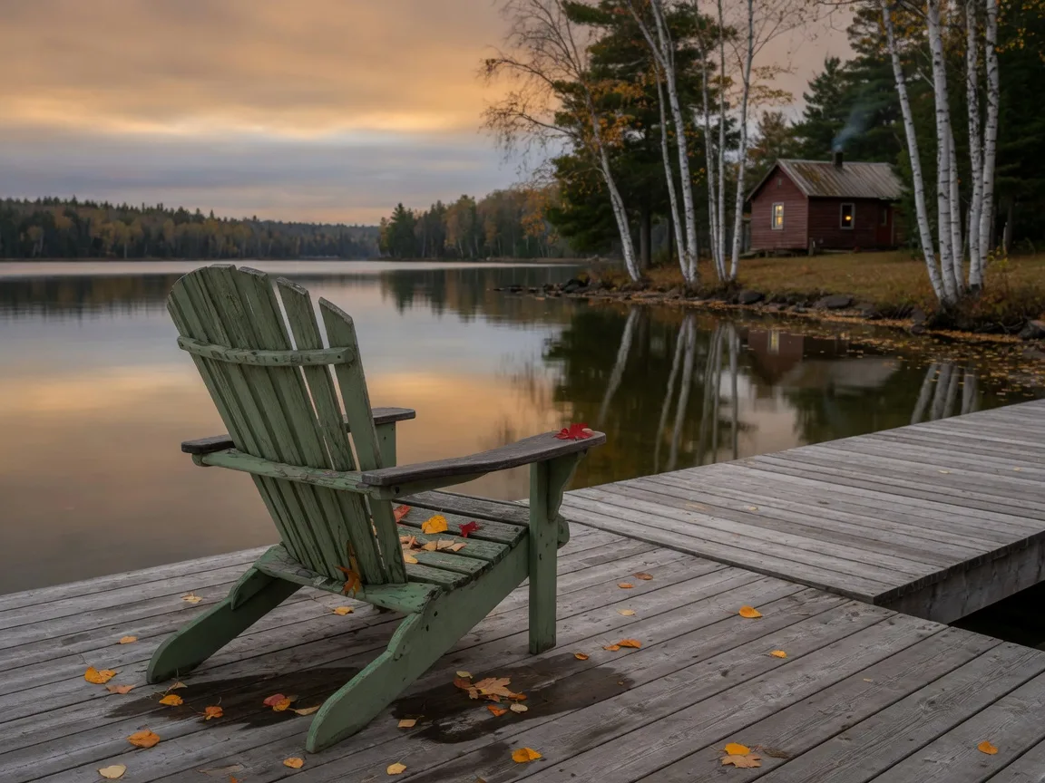 An empty weathered Adirondack chair on a wooden dock at the edge of a calm northern Minnesota lake in early autumn, birch and pine shoreline, moody amber-grey sky reflected in still water
