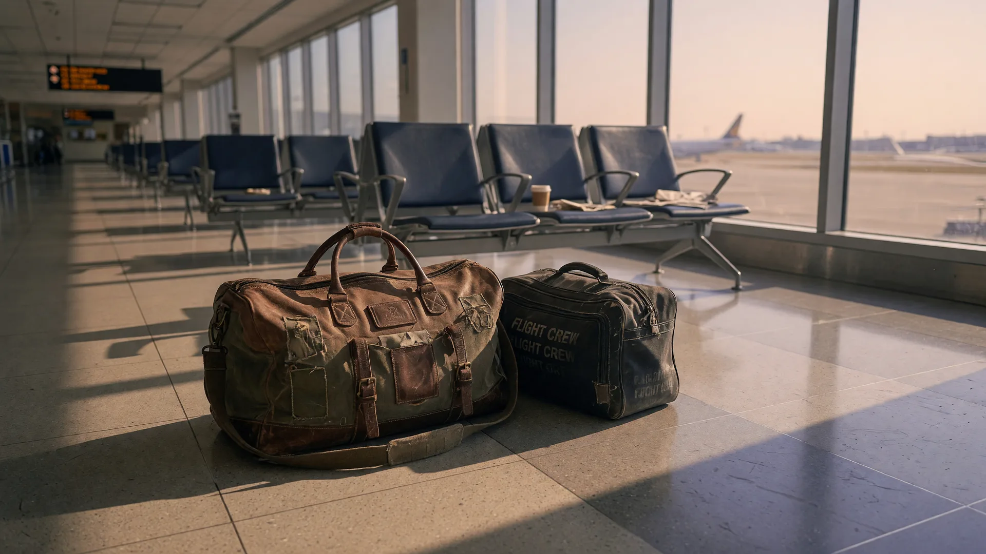 A pilot's well-worn duffel bag and flight kit on an airport terminal floor at dawn, warm morning light streaming through gate windows