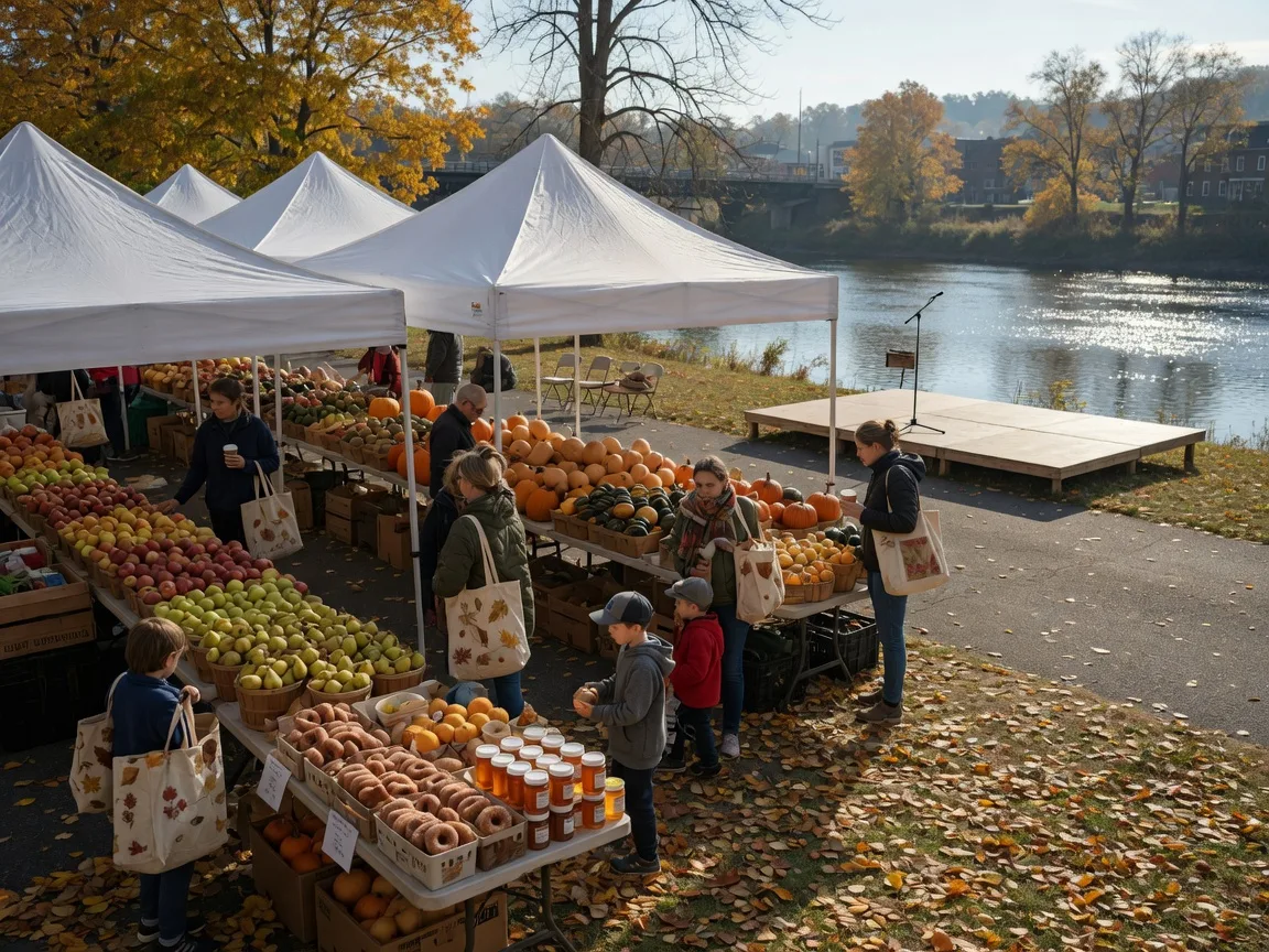 An autumn farmers market on a riverfront park in a small Pennsylvania city on a bright October morning, white canopies over tables of apples, pears, pumpkins and cider donuts, shoppers with canvas tote bags, golden leaves underfoot, the river glinting in the background