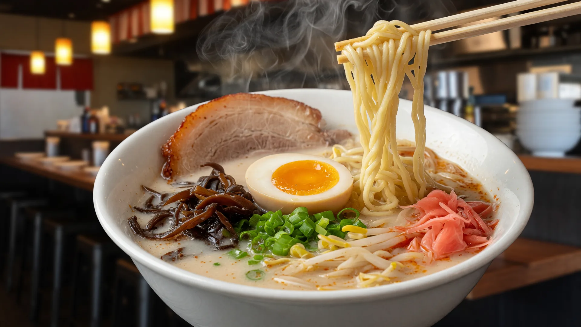 A rich bowl of Hakata-style tonkotsu ramen at Marufuku Ramen, milky white pork broth with chashu, a soft-boiled egg, green onions, and thin noodles lifted by chopsticks