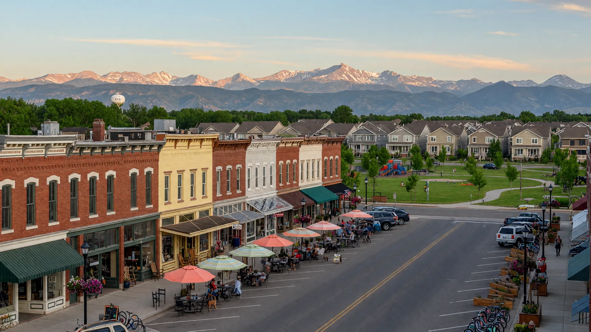 Historic Old Town Erie with Victorian storefronts and mountain views