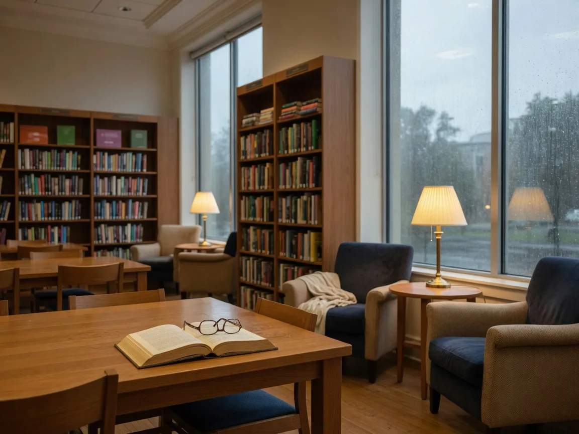 A bright reading room inside the Moorestown Free Library, with tall rain-streaked windows, warm wooden bookshelves, and cozy reading chairs