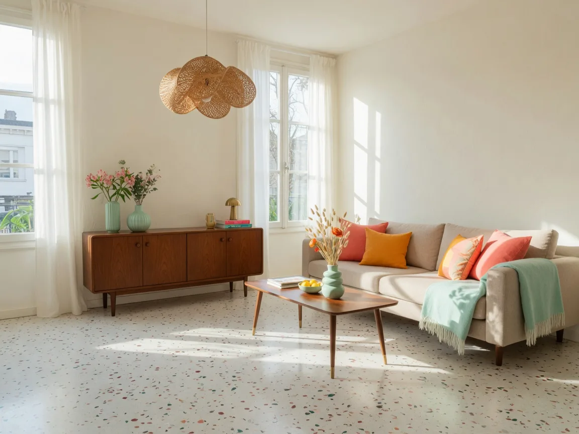 A bright retro-modern living room with cream walls, coral and citrus accents, and a terrazzo floor in midday sun