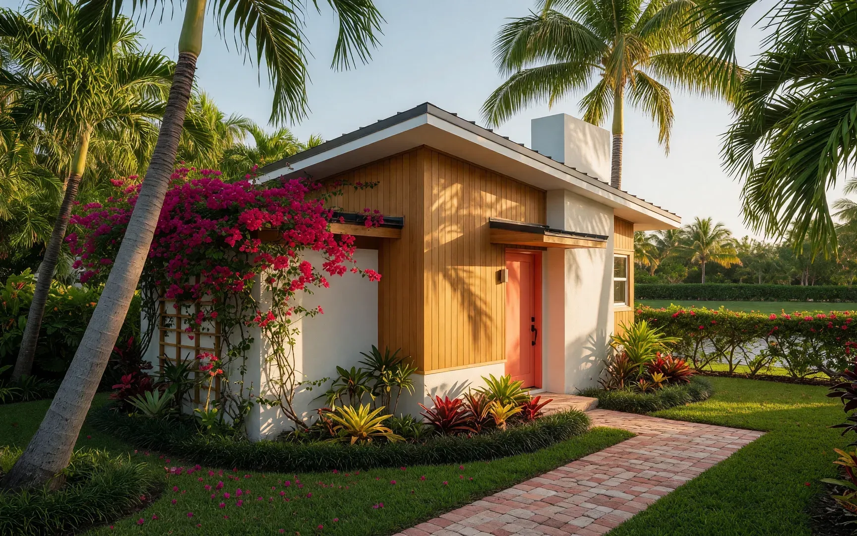 A modern ADU guest cottage with wood siding, white stucco, and a shallow pitched roof set in a lush tropical Boca Raton yard with royal palms and bougainvillea