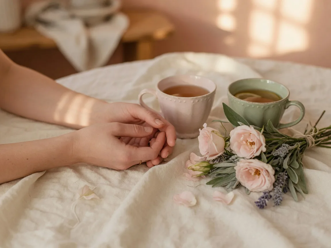 Two hands gently entwined on a cream table beside two cups of tea and a small bouquet