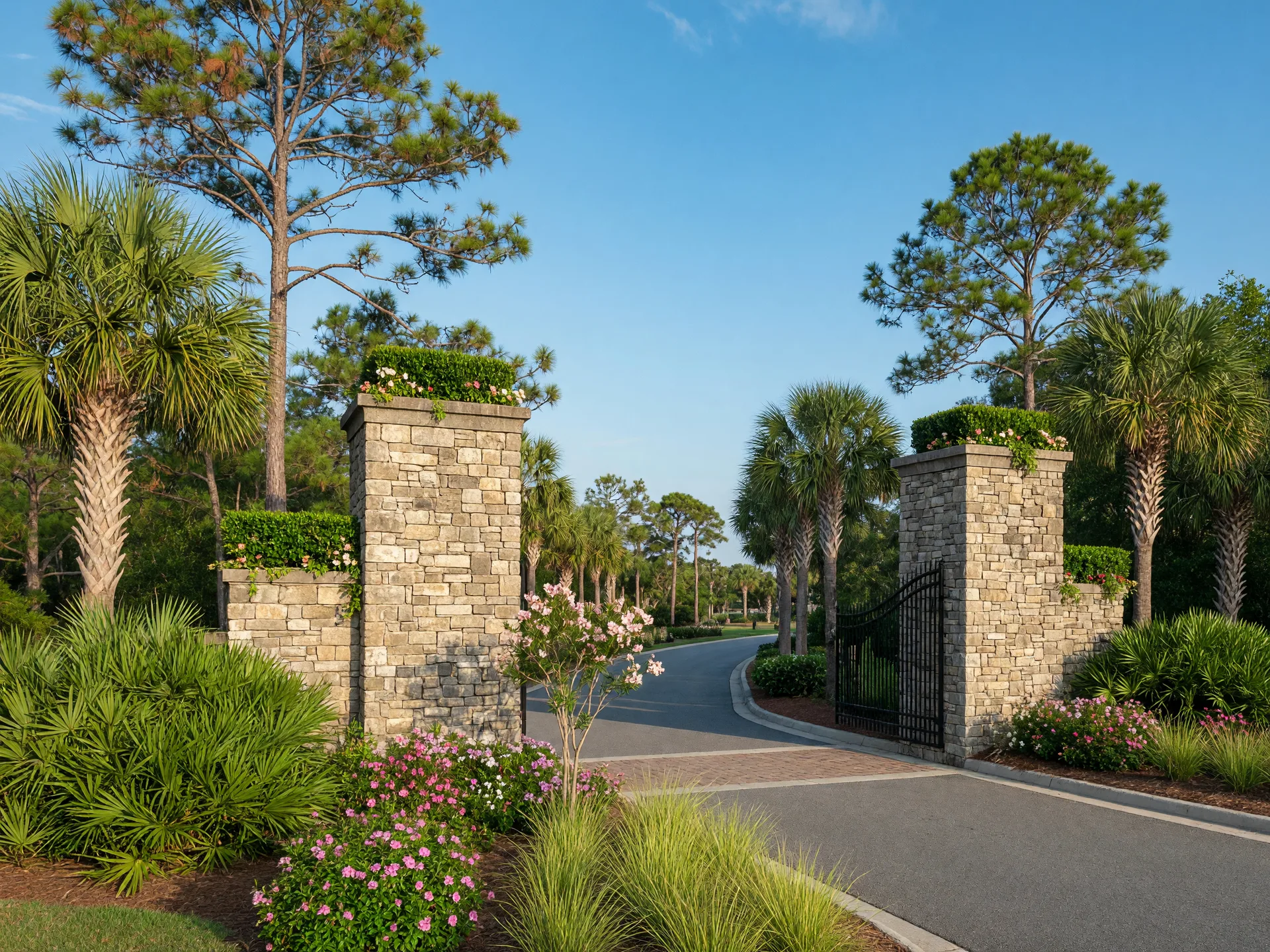 Carolina Forest entrance sign with stone pillars and palm trees in Myrtle Beach SC