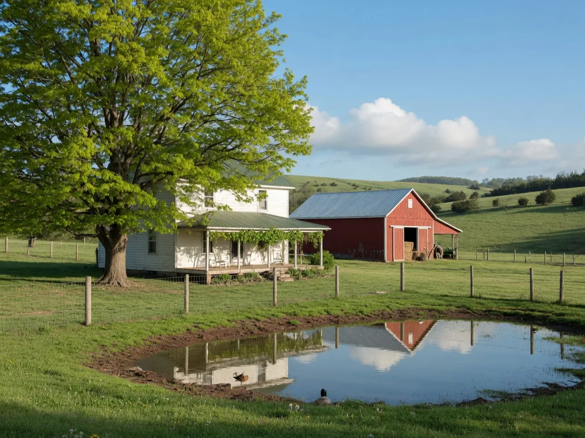 Rural Missouri Ozarks homestead with a white farmhouse, red barn, fenced pasture, and a small pond on a spring morning