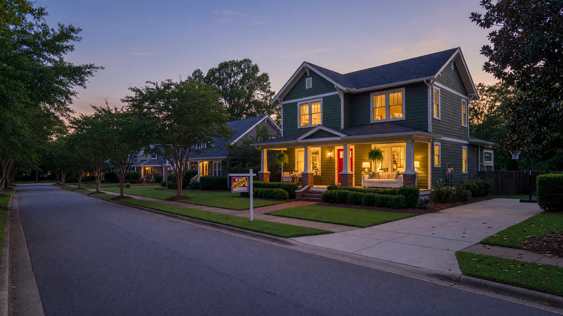 Triangle-area family home at dusk with a for-sale sign in the yard and an empty driveway, the quiet stillness of a showing window no one showed up for